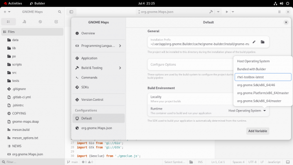 A view of the GNOME Builder on a RHEL host.