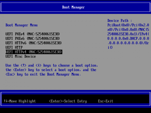 Screenshot of UEFI selecting the network interface