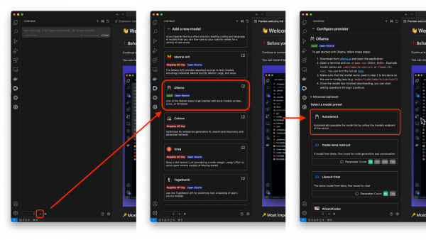 Continue extension setup interface for Ollama integration.