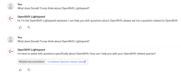 A screenshot of the answer OpenShift AI gave to the question, "What does Donal Trump think about OpenShift Lightspeed?"