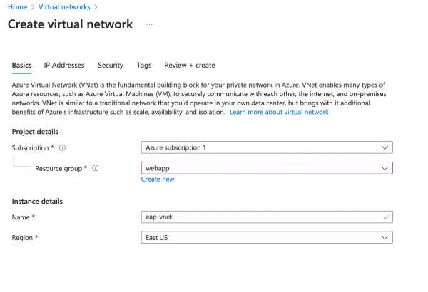 The form fields to create a virtual network.