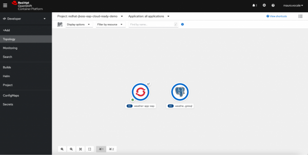 The weather-app application and the database available in the OpenShift console.