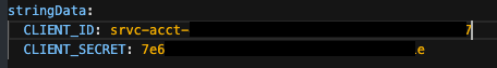 The YAML for the rest-fights-config-creds shows CLIENT_ID and CLIENT_SECRET.