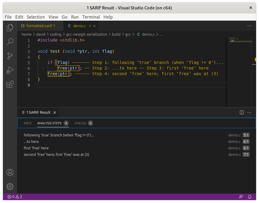 Screenshot of VS Code  showing GCC SARIF output