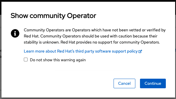 Clicking on the Amazon EC2 Operator displays a warning message. Click Continue.