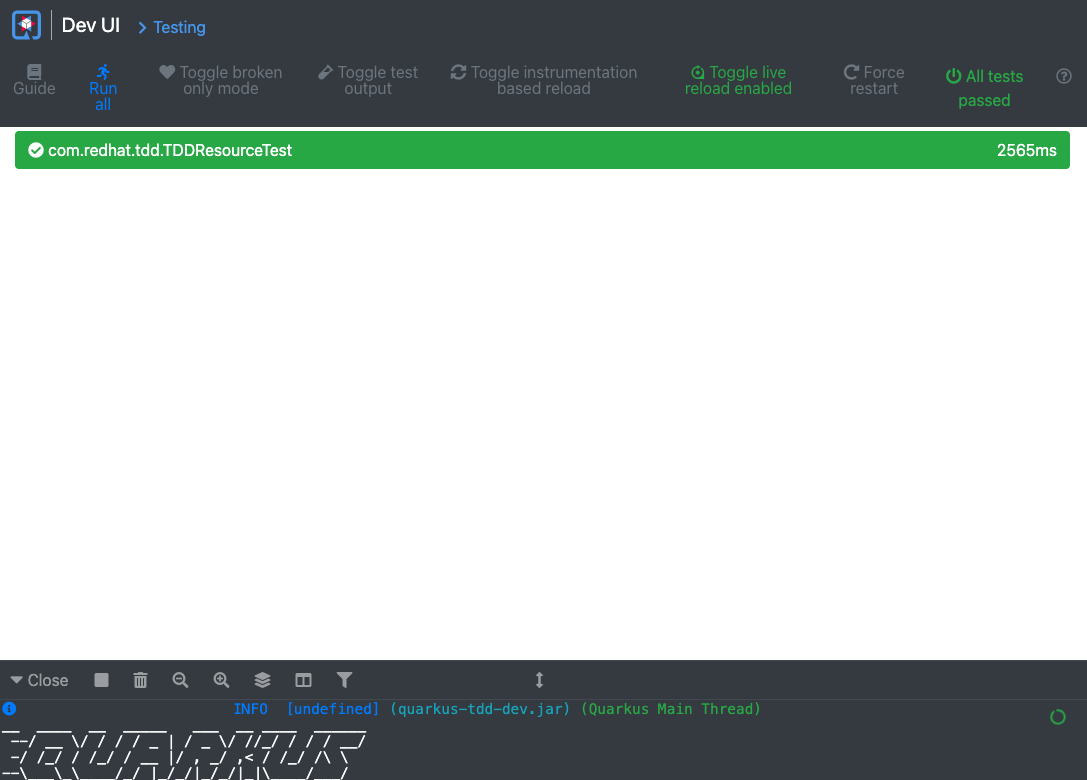 Screenshot of the Quarkus Test UI.