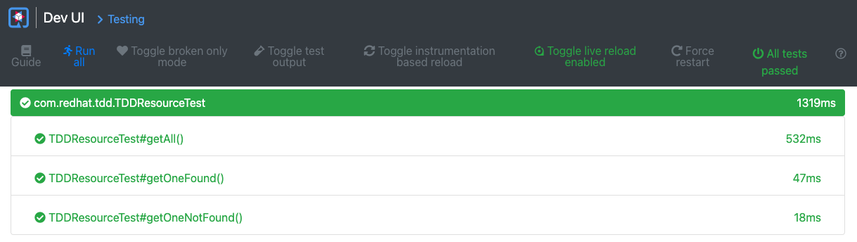 Screenshot of Test UI after resource tests pass.