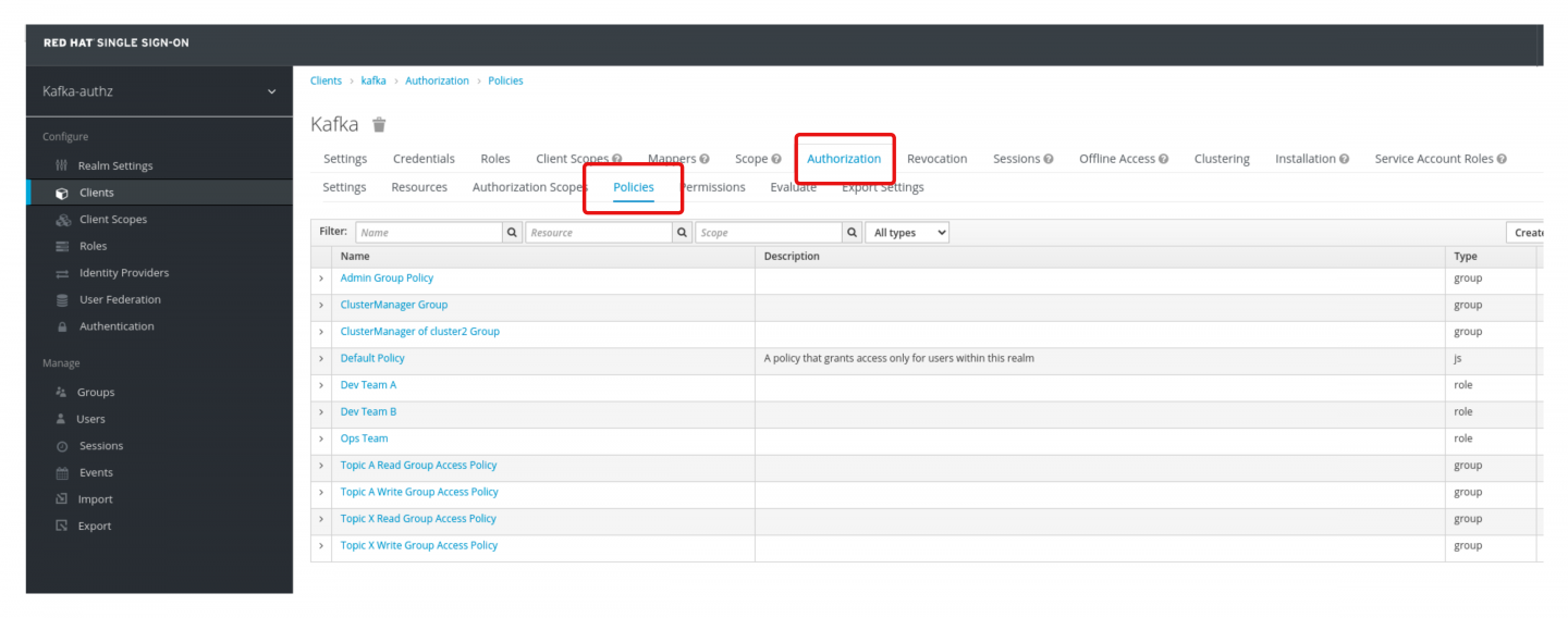 The web page for the client offers a Policies tab where you manage LDAP groups.