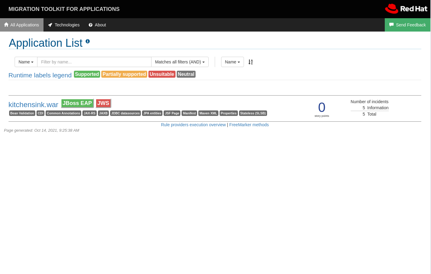 After the analysis runs, you can view the migration requirements of your application in the Application List page.