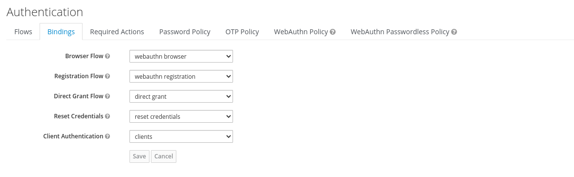 The Bindings tab on the Authentication screen should show the browser flow and the registration flow.