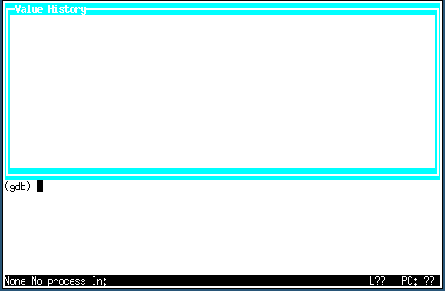 GDB shows a new blank screen with the title Value History.