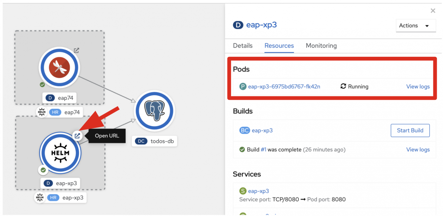 Successful build and deployment for JBoss EAP XP application.