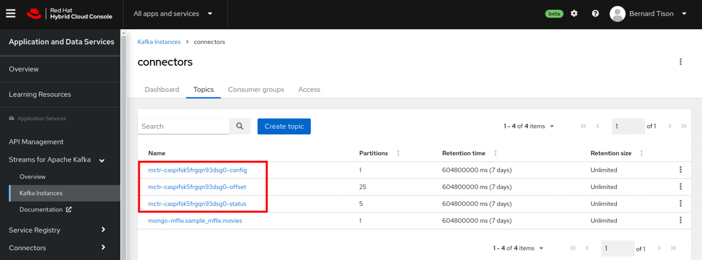 The Kafka Connect connector creates four topics.