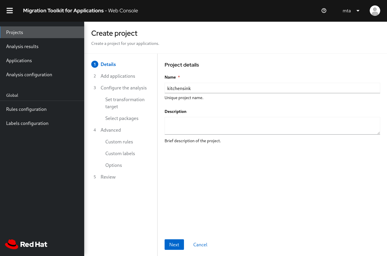 Enter "kitchensink" as the name in the "Create project" page of the migration toolkit for applications.