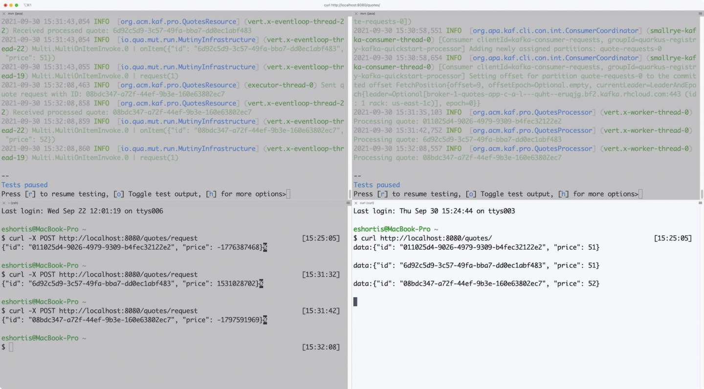 A cURL command displays deserialized, JSON-formatted data received by the consumer at the SSE endpoint.