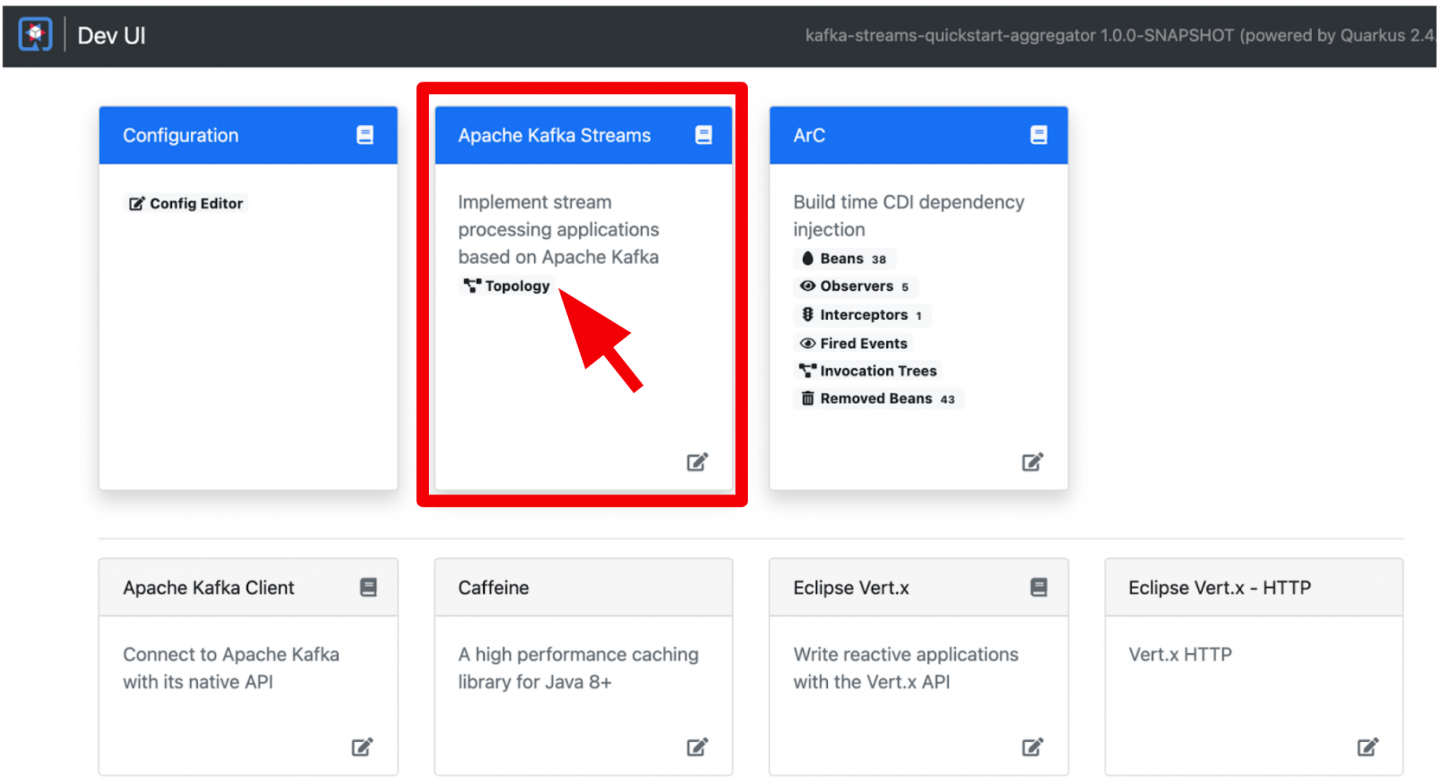 The Developer UI shows the Apache Kafka Streams extension, with a Topology button.