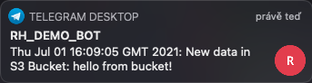 The Telegram bot displays the test message sent by the S3 source through your function.