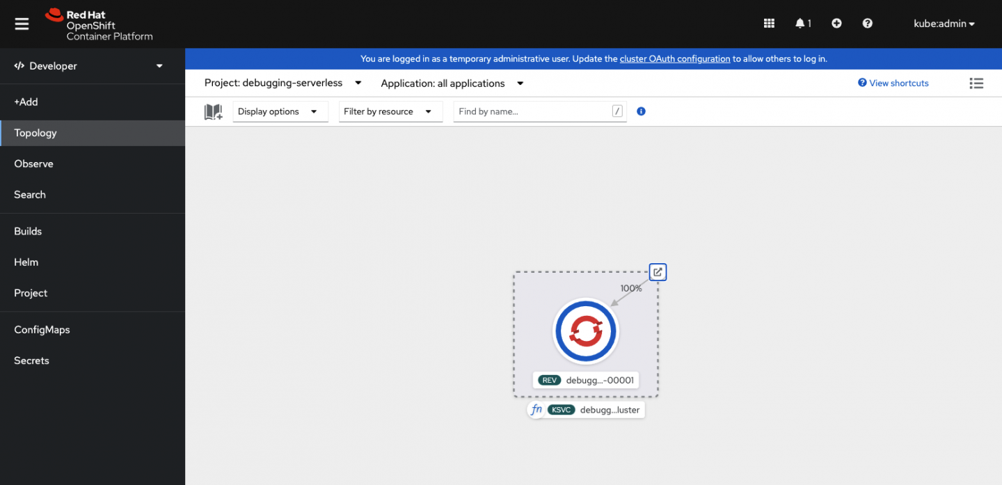 The topology view of a function deployed in OpenShift shows an icon you can click to run the function.