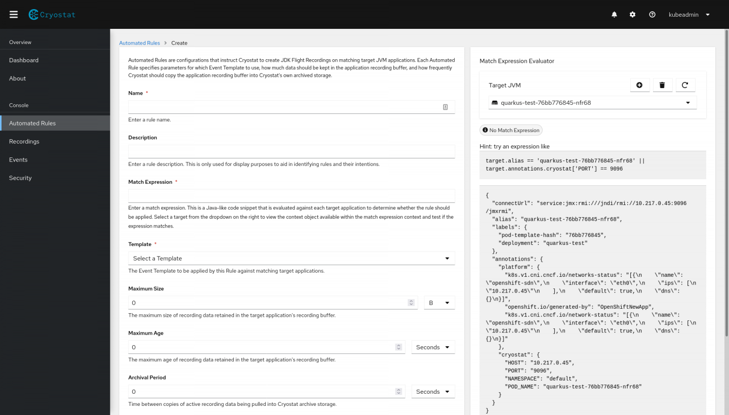 On the right side of the page, all the parameters of an automated rule appear as JSON.