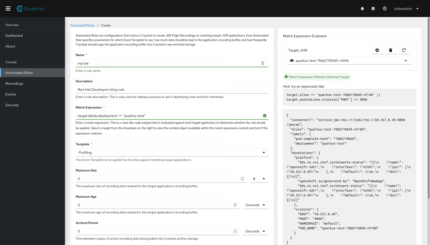 A checkmark and green highlighting show a rule that matches a target application.