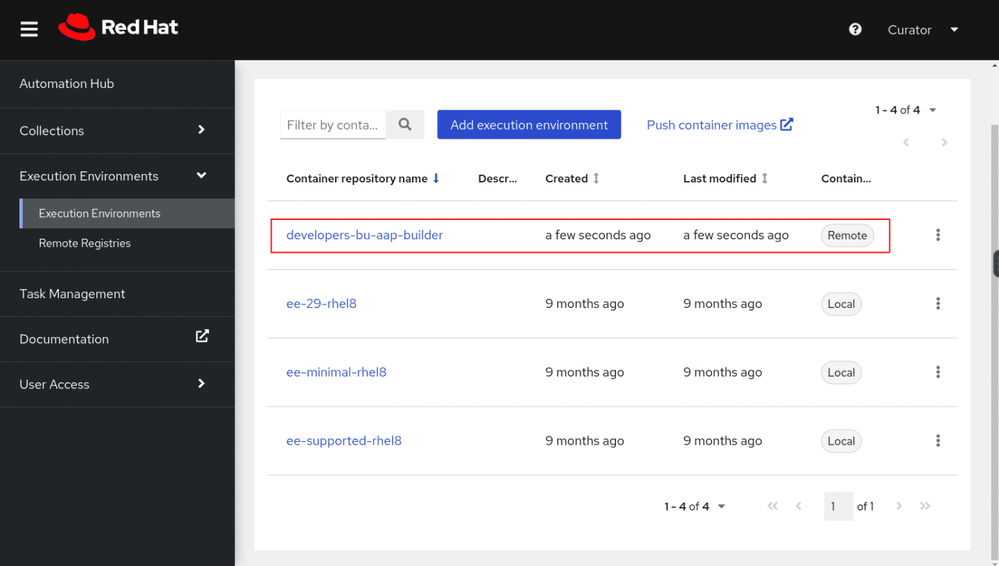 The private automation hub page showing multiple pushed execution environment images.