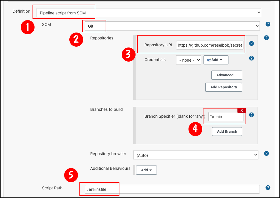 Configure the Jenkins Pipeline job with the URL and branch of the repository and the the name of the Jenkinsfile.