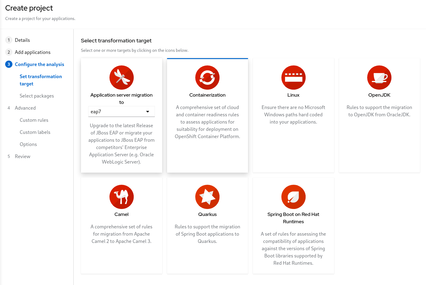 The graphical interface of Red Hat's migration toolkit for applications offers several options, including Containerization.