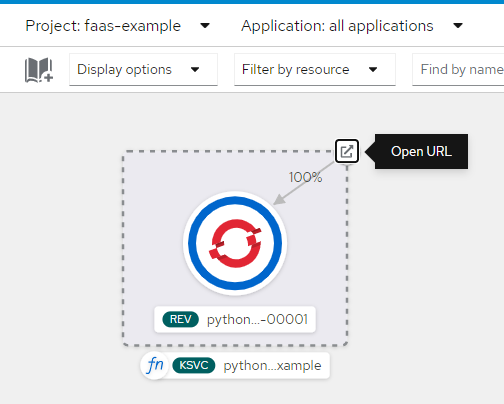 The OpenShift dashboard shows that your function is deployed and has running instances.