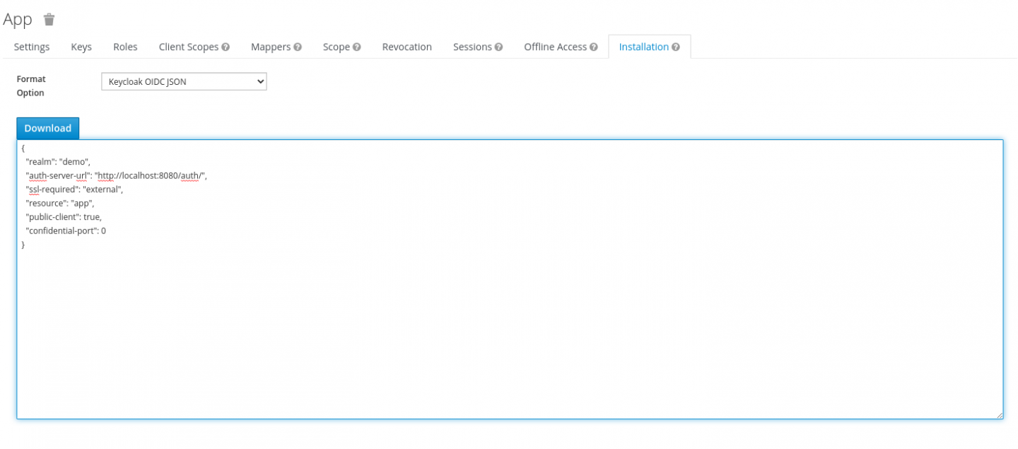 The Installation tab of the application configuration screen show the Keycloak OIDC configuration.