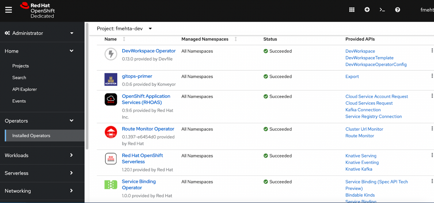 The OpenShift Application Services Operator and Service Binding Operator appear in the console listing.