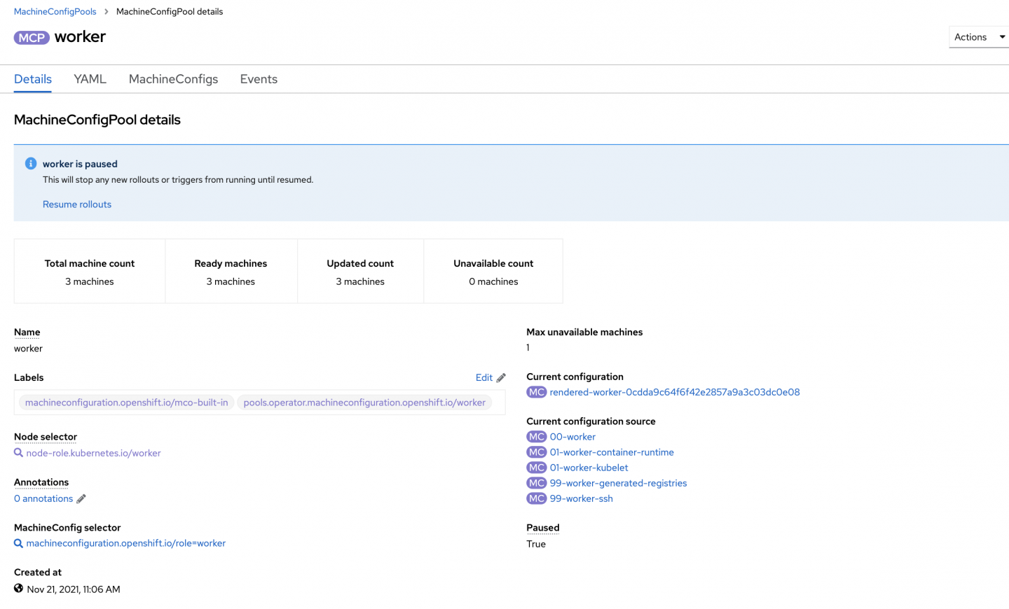 Machine Config Pool details show that it is paused.