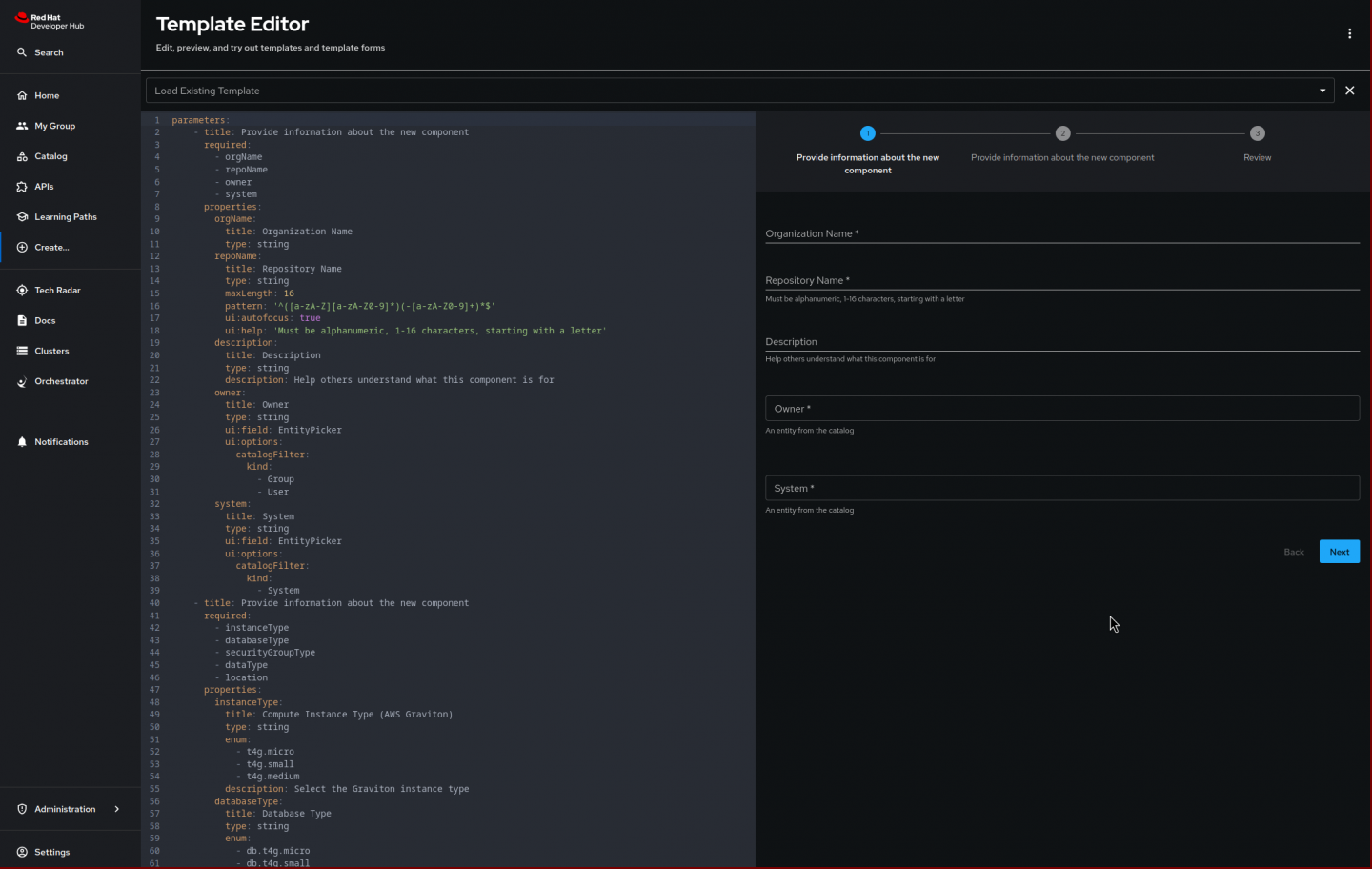 Red Hat Developer Hub Template Editor