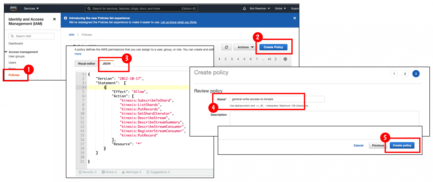 Create a policy by pasting in permissions in JSON format and giving the policy a name.