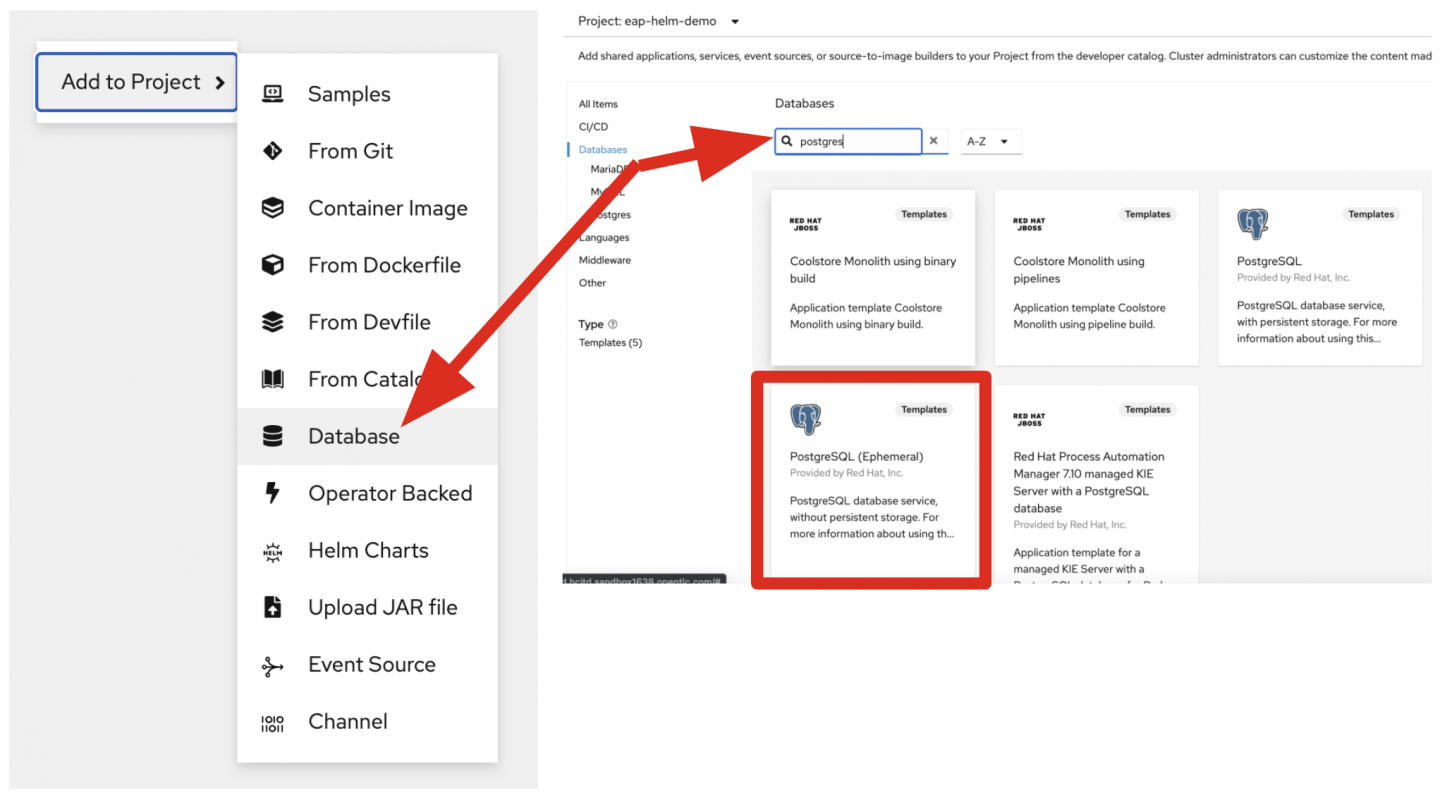 Creating a PostgreSQL database from the OpenShift console