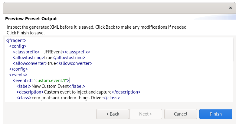 The Preview Preset Output page shows the XML configuration automatically generated from your specifications on previous pages.