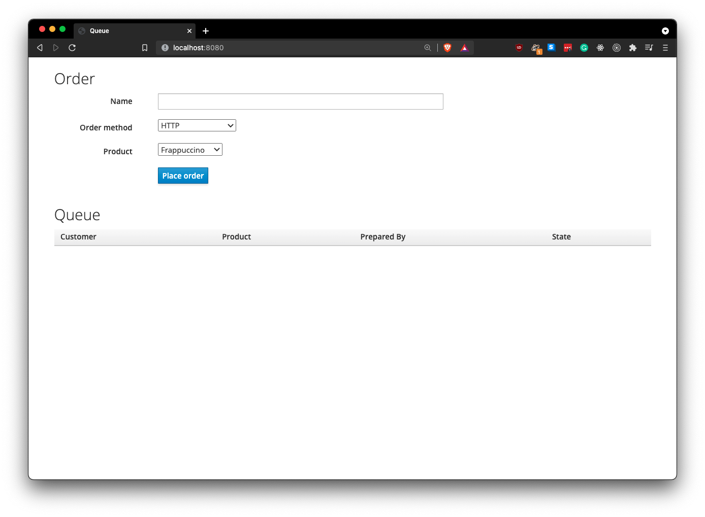 The user interface of the koffeeshop demo allows you to choose an order method and a product.