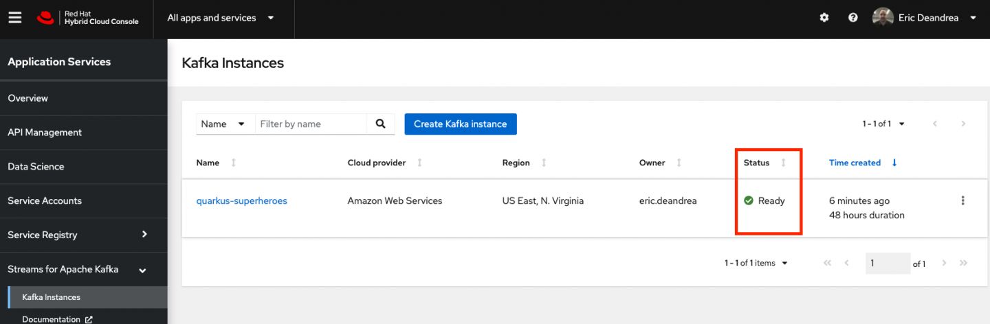 Kafka Instances page shows when an instance is ready in the Status field.