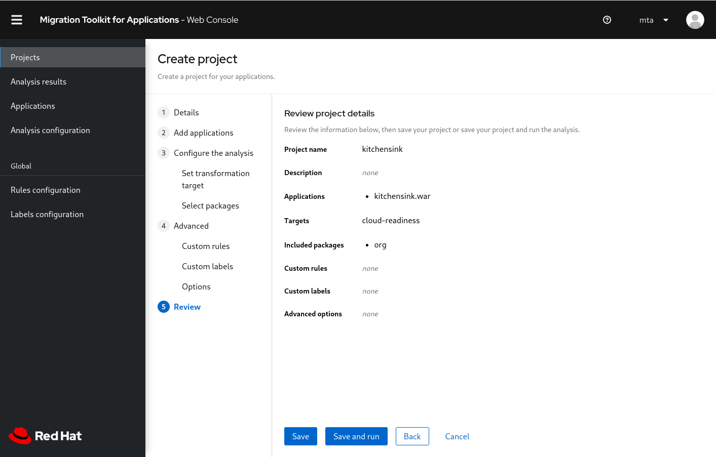 The "Review project details" page shows our kitchensink application and the "org" included package.