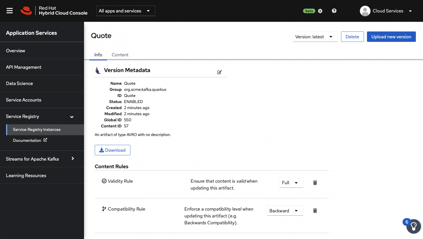 The Compatibility Rule can be set in the OpenShift Service Registry UI.