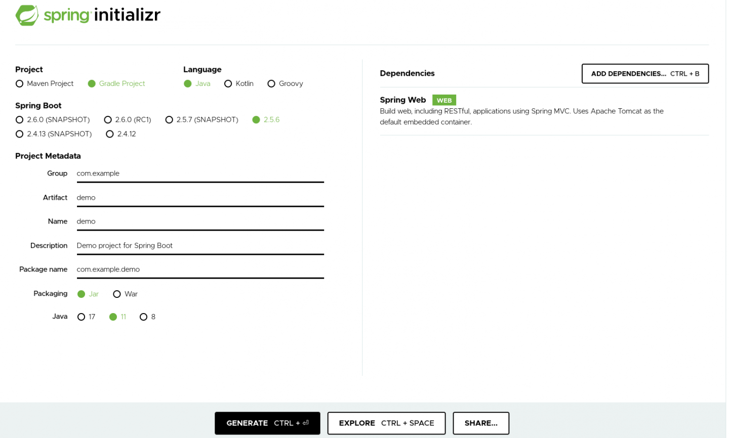 The Spring initializr site offers the Spring Boot Web dependency.