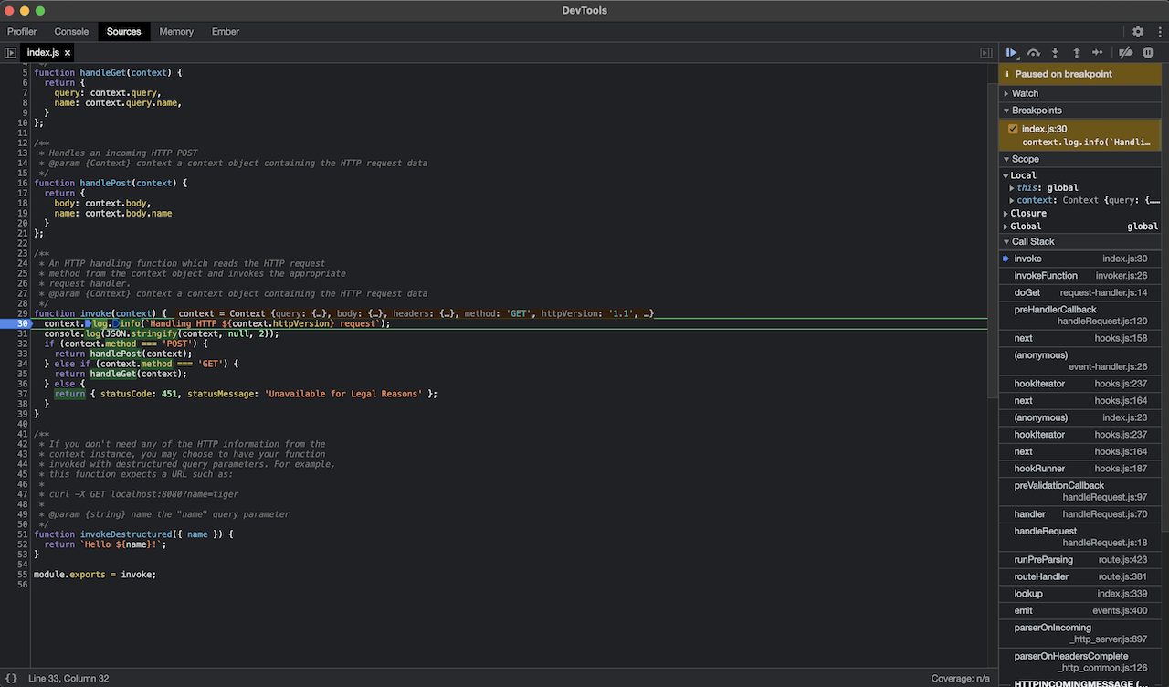 The program shows the breakpoint where it stopped.