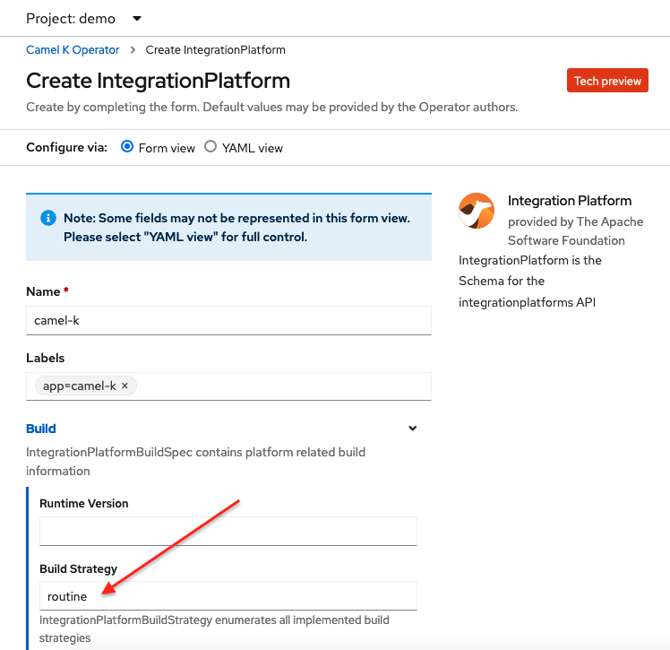 Create an IntegrationPlatform in your project's namespace and set the "Build Strategy" to "routine."