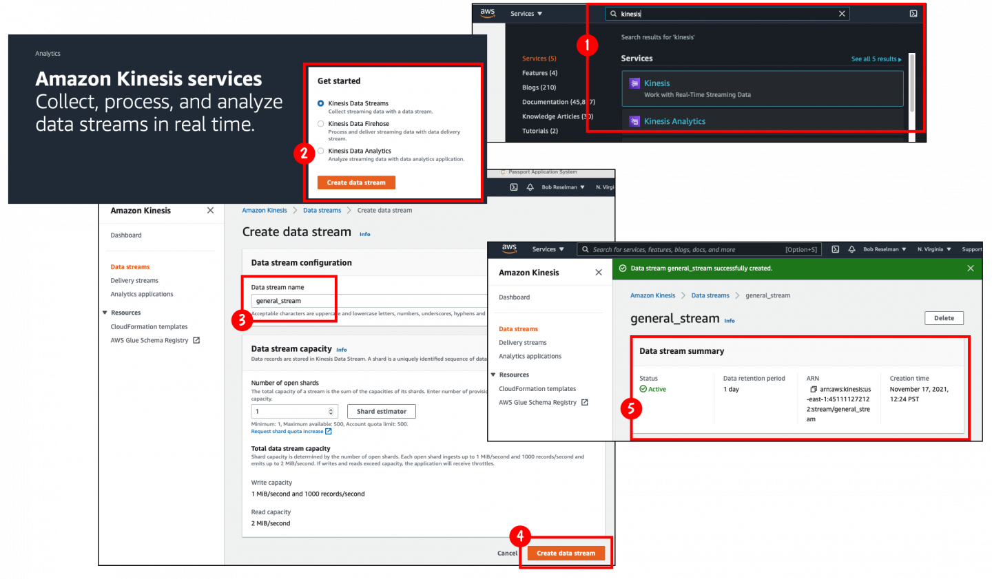 From the AWS Services page, choose Kinesis Data Streams and create a stream.