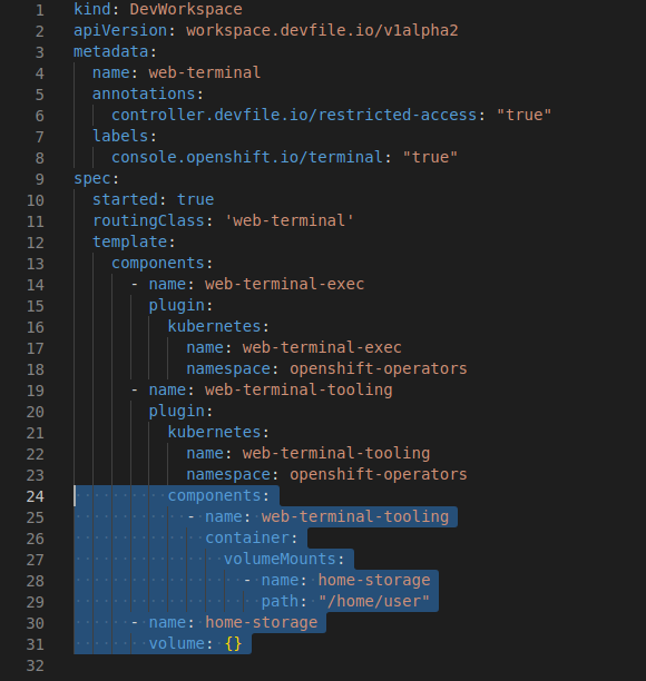 The configuration of your DevWorkspace must have a section mounting the /home/user directory