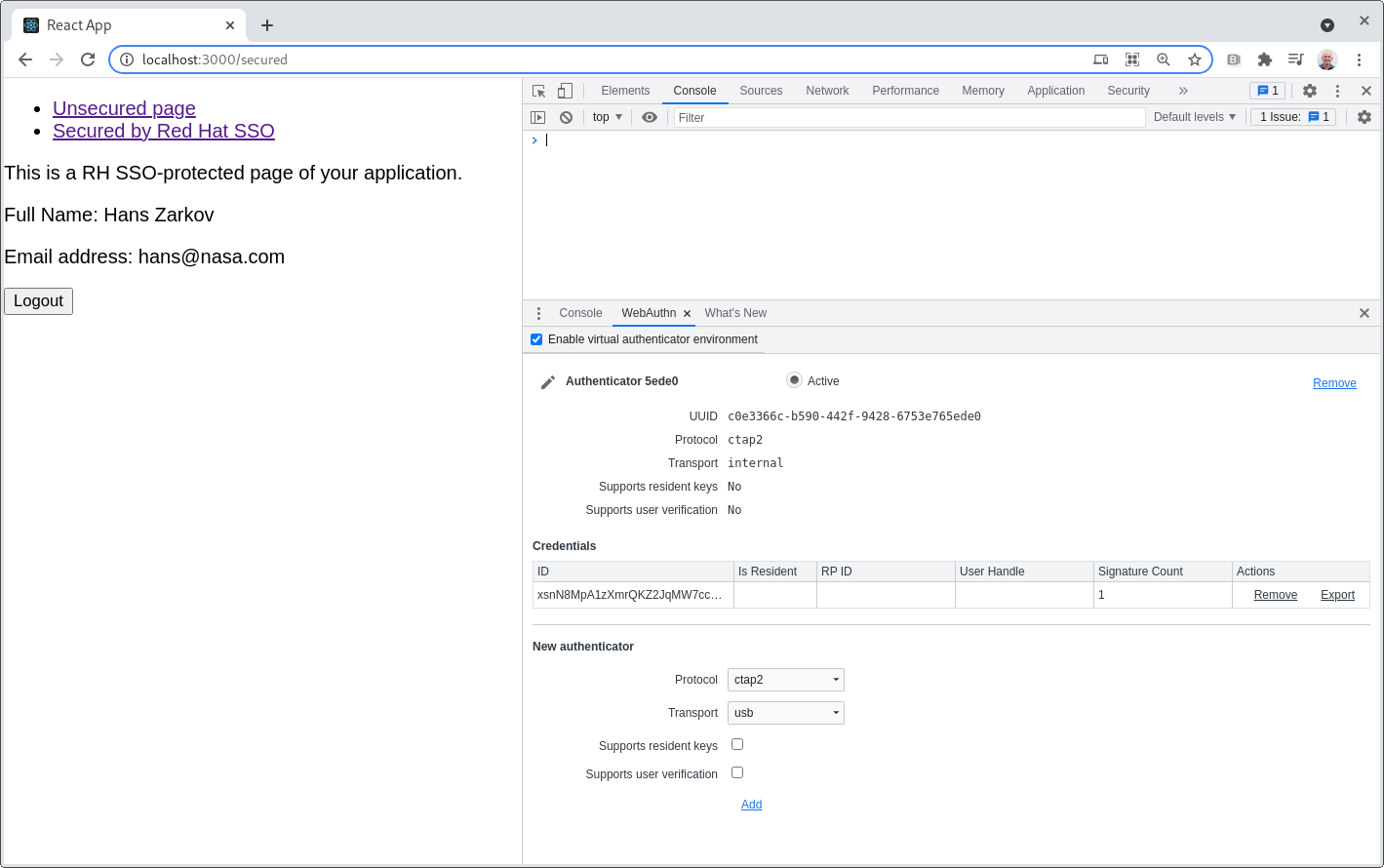 The application shows information from the OIDC token.