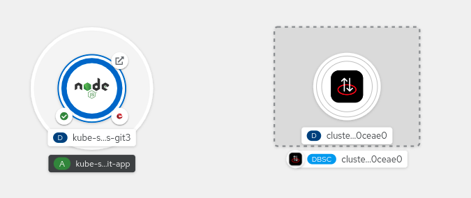 The Topology view shows both the Node.js application and the external MongoDB database.