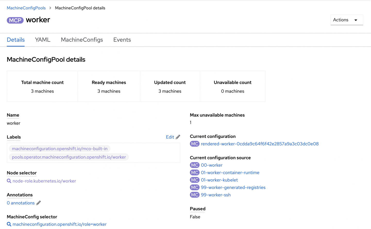 Machine Config Pool details show that it is unpaused.