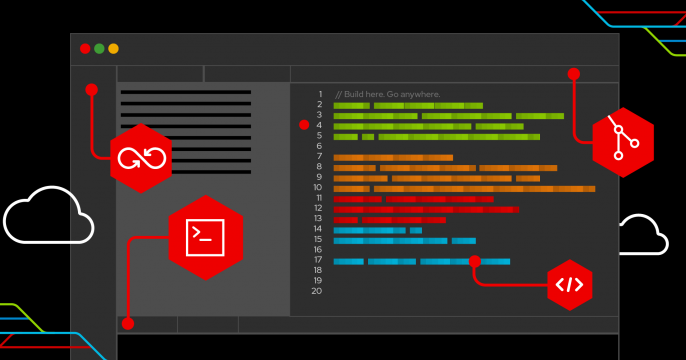 Colorful abstract coding elements displayed over a dark gray background.