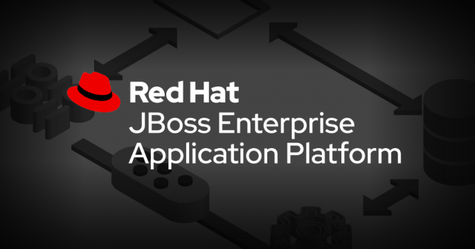 The words Red Hat JBoss Enterprise Application Platform in front of a dark gray background with arrows.