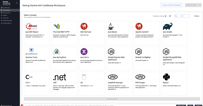 CodeReady Workspaces Getting Started Dashboard page